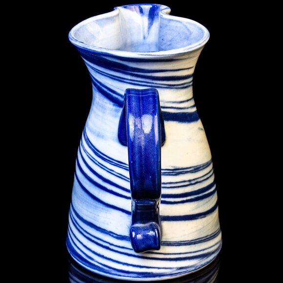 Handcrafted Blue & White Ceramic Pitcher With Swirl Design - Unique Wavy Rim - Picture 1 of 8